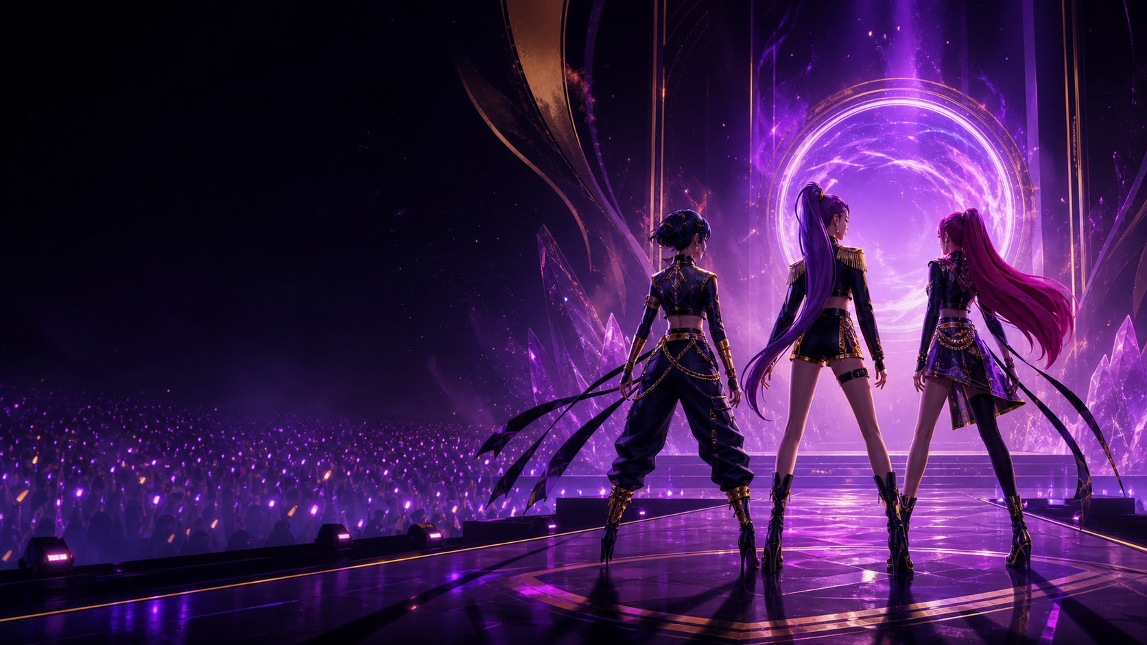 HUNTR/X-inspired performers facing a glowing purple stage portal